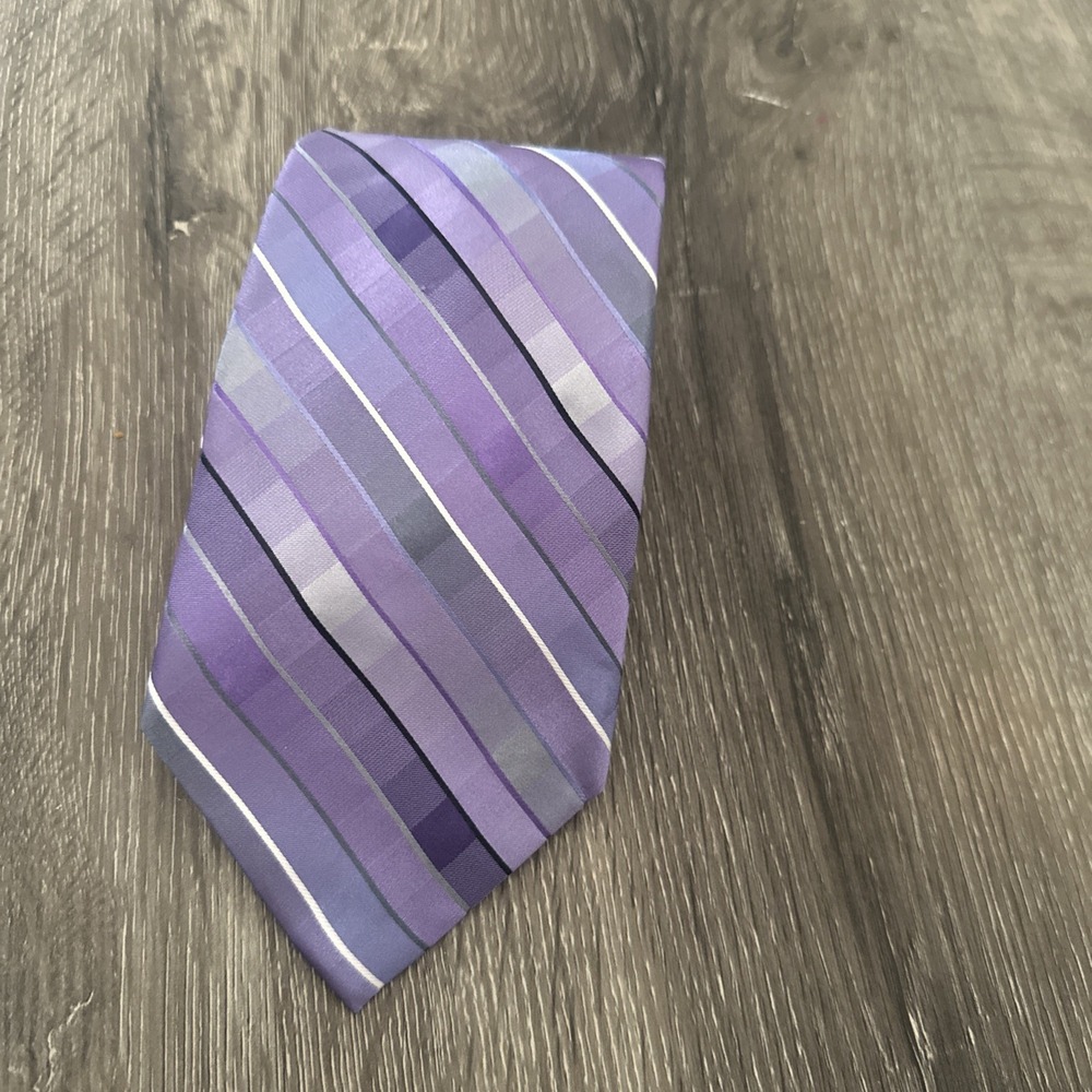 Calvin Klein Men's Tie Gray Purple Striped Plaid Necktie CK